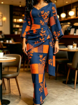 Naiste sinine-oranž lapitekk-mustriga V-kaelusega &uuml;mber seotav maksikleit kortsutatud v&ouml;&ouml;koht kimono varrukad vintage kleit XS