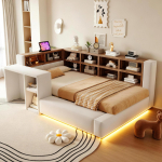 Polsterdatud voodi 90 x 200 cm, mitmetasandilise hoiuruumiga, LED-valgustuse, peatsisse integreeritud pistikupesade, &ouml;&ouml;kapiga, polsterdatud seljatoega, beež 212.5 x 130.5 x 74 cm beež