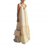 Varrukateta seljatugedeta volangidega, suur &auml;&auml;ristega rannakleit, lillega kaunistus, naiste pikk kleit, p&auml;ikesekleit XL beež