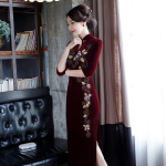 IELGY Uus samet cheongsam naiste retro emakleit helmestega cheongsam igap&auml;evane esinemine pikk cheongsam 5XL veinipunane v&auml;rv