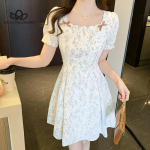 Uus prantsuse stiilis &scaron;ikk puhvis varrukatega ruudukujuline kaelus Elegantne lilleline kleit Naine vabaaja elegantne l&uuml;hike rannakleit S valge