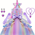 7 tk T&uuml;drukute &Uuml;kssarviku Kost&uuml;&uuml;m, Vikerkaare Printsessi Kleit, V&auml;ikelaste &Uuml;kssarviku S&uuml;nnip&auml;evapeo Kleit, Halloweeni Laste Cosplay, Muinasjuttude Kost&uuml;meerimine, Peapaelaga 3-4Y white
