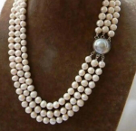 3Strands 21'' 9mm White Round Freshwater Pearl Mabe clasp Necklace