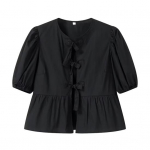 Women Shirt O-neck Hem Solid Bowknot Sleeve Casual Shirt Puff Short Lace-up Ruffle Color Shirt M