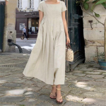 QICED Puuvillakanepist pikk seelik, suur p&auml;ikeseseelik, l&uuml;hikeste varrukatega kandiline krae Elegantne vabaaja pikk kleit S khaki
