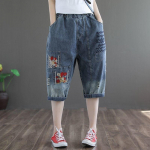 Elastne v&ouml;&ouml;koht Cartoon tikandid Denim Harem Pant Naiste suvised lahtised suured vabaaja p&uuml;ksid redis S sinine