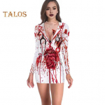 Halloweeni naiste kleit Vereplekiline luustik, &auml;mblikprint V kaelusega &otilde;de Cosplay pikkade varrukatega kummitusmaja NPC esinemiskost&uuml;&uuml;m L 3
