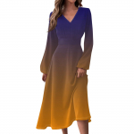 Naiste s&uuml;gis- ja talvine vabaajamoe V-kaelusega pikkade varrukatega gradienttr&uuml;kiga pikk kleit L oranž