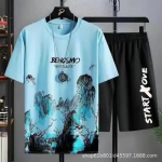 Ts&auml;rk Casual Ice Silk Gradient L&uuml;hike Meeste Varrukatega T-s&auml;rk L&uuml;hikesed p&uuml;ksid Meeste Suvine Sportlik Kaheosaline Komplekt Stiilne Meeste Riietus S