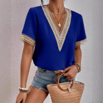 VEZFAA naistemood vabaaja suvekevadine &uuml;hev&auml;rviline pits l&uuml;hikeste varrukatega V-kaelusega pluusid ja s&auml;rgid XXXL