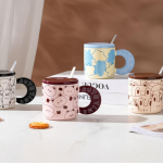 Cartoon Doodle Animal Ceramic Cup with Lid and Spoon High Value Mug Girl Couple Suit Water Cup Small Gift 350ML