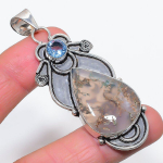 Tree Agate, Blue Topaz Handmade 925 Sterling Silver Jewelry Pendant 2.88 n3e51