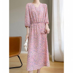 &Auml;&auml;dikhappe satiinist V-kaelusega kleit naistele Suvine Uus Mitmek&uuml;lgne Lilleline Midi Seelik K&otilde;rge klassi Kerge luksus Pikk Seelik Kolmveerand varrukad M roosa