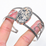 Natural Dalmation Jasper Gemstone 925 Sterling Silver Cuff Bangle Adj p9y62