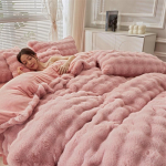 Premium Talvine J&auml;nese Karusnaha Pl&uuml;&uuml;sist Neljaosaline Komplekt: Paksustatud korallfliisist ja piimasametist tekikott koos kunstkarusnahast kolmeosalise voodilinade komplektiga. Random 1.2m Bed Sheet Set, 150*200cm Duvet Cover