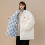 Talvine naiste ruuduline polsterdatud jope Kahepoolne malelaud lahtine, suur puuvillane polsterdatud talvine Harajuku paksendatud soe mantel M
