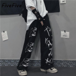 FiveFive Must Harajuku Prinditud Anime Dressip&uuml;ksid Meeste Streetwear Lai Jalg &Uuml;lesuuruses P&uuml;ksid L&otilde;tv Vabaaja Spordi Sirged P&uuml;ksid Mehed S gray