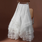 V&otilde;rgust s&uuml;dameprindiga seelik Naiste elastne k&otilde;rge v&ouml;&ouml;koht Elegantne t&uuml;ll A-l&otilde;ikeline volangidega peoseelik Pikk suvine Saia Feminina One size fits all valge