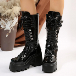 Moodsad Paksud K&otilde;rge Kontsaga Keskmise S&auml;&auml;rega Saapad Naistele Paks P&otilde;hi Lakknahast Punk Saapad Naine Gooti Must Platvormiga Combat Saapad 35