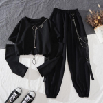 Kevads&uuml;gis naistele Harajuku Cargo P&uuml;ksid Handsome Cool kaheosaline &uuml;likond kett pikkade varrukatega + lint p&uuml;ksid WWA L must