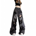 Vintage k&otilde;rge v&ouml;&ouml;kohaga teksap&uuml;ksid Rebitud teksad Naiste Mood L&otilde;dvad Laiad Sirged P&uuml;ksid Y2k Pesitud Streetwear Naiste S must