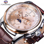 Forsining Moon Phase Shanghai Movement Rose Gold Case Pruun ehtsast nahast rihmaga meeste k&auml;ekellad Top br&auml;ndi luksuslik automaatne k&auml;ekell roosa kuldne v&auml;rv/kuld