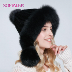 SOMALER Talvised ehtsast naaritsakarusnahast m&uuml;tsid naistele Rebase karusnahast pompon k&otilde;rvaklapi m&uuml;tsid Kootud karusnahast Beanie Vogue M&uuml;ts