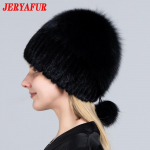 JERYAFUR Naiste talvekarusnahast m&uuml;ts Naturaalsest karusnahast Kootud Mink Fox Pom Pom karusnahast m&uuml;tsid pallidega Stiilne soe mood T&uuml;drukute Nokam&uuml;ts