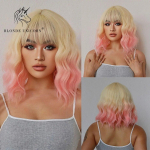 Blond Unicorn Ombre Blond roosad l&uuml;hikesed Bob parukad koos tukkidega Party Cosplay Halloween looduslikest juustest s&uuml;nteetiline kuumakindel kiud
