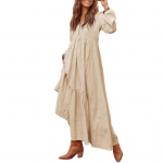 Naiste vabaaja maksikleit V-kaelusega avar A-joonega plisseeritud kleit pikkade varrukatega Retro puuvillane linane kleit T&ouml;&ouml; t&auml;navapuhkus L aprikoosi