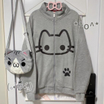 Cat Print T&otilde;mblukk pikkade varrukatega krae Naiste lahtine Preppy Style Y2k Hall Jaapani dressipluusid Kawaii Sweet Sudadera Mujer S hall v&auml;rv