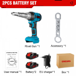 ONEVAN 720W 20000N harjadeta elektriline neetip&uuml;stol, juhtmeta neetimutterp&uuml;stol, toiteekraan Automaatne neetimist&ouml;&ouml;riist Makita 18V aku jaoks 2 Battery-EU
