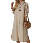 Naiste pikk s&auml;rkkleit rev&auml;&auml;rkrae pikkade varrukatega n&ouml;&ouml;pn&ouml;&ouml;p Soliidne kleit Elegantne naiste vabaaja avar puuvillane linane kleit Suveriided naistele S aprikoosi