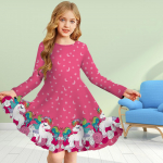 T&uuml;drukule vabaaja 3D-prindiga roosa pulgakomm, &uuml;mara kaelusega pikkade varrukatega kleit, printsessi kleit lastele 150