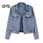 Talvine naiste jope helmestega kaunistused, pikad varrukad, alla keeratav krae, rinnataskud, n&ouml;&ouml;biga suletav mantel L&uuml;hike vabaaja t&auml;navar&otilde;ivad, teksamantlid M must