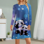 Naiste vabaaja kleit s&uuml;gis panda mustriga kleidid naistele O-kaelusega l&uuml;hikeste varrukatega kleit pluss suurus XS must