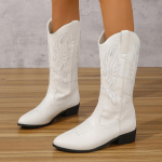 Moodsad tikitud valged l&auml;&auml;nesaapad naistele s&uuml;gisesed uued libisevad k&otilde;rged kontsad kauboi saapad naistele pluss-suurus 43 terava ninaga keskmise s&auml;&auml;remarjaga saapad 36 valge