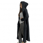 Naiste kampsun jakk taskutega keskmise pikkusega kapuutsiga kootud keerutatud tekstuuriga tahke XXXXXL must