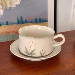 Savist k&auml;sitsi maalitud stiilis vintage keraamiline kohvitass ja alustassikomplekt p&auml;rastl&otilde;unateeks tulbi-liilia tass ja alustassikomplekt 380ML roheline