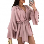 Naiste suvine s&auml;rkkleit, korgiga pikkade varrukatega V-kaelusega l&uuml;hike kleit, &scaron;ifoonist A-joon lipsuga v&ouml;&ouml;kohaga lendav minikleit S roosa