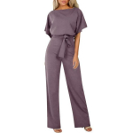 Women's Elegant Slimming Jumpsuit Solid Color Short Sleeve Batwing Lace Up Waist Commuting Pantis Fashion S lilla