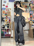 Vintage mustad teksad Naiste kottis Y2K k&otilde;rge v&ouml;&ouml;kohaga teksad Laia s&auml;&auml;rega teksap&uuml;ksid Korea t&auml;navar&otilde;ivad Retro Grunge Oversized L