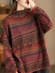 Johnature naiste Pullover Vintage kampsunid, kaelusega pikkade varrukatega, kevadkootud puuvillased naiste vabaaja pehmed kampsunid One Size punane