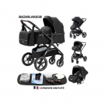 BAZARLAND30.Poussette 3 en 1 B&eacute;b&eacute; Combin&eacute;e Si&egrave;ge-Auto Nacelle Trio R&eacute;versible R&eacute;glable Haute Qualit&eacute; Roues increvables Canne.NOIR