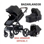 BAZARLAND30.Poussette 3 en 1 B&eacute;b&eacute; Combin&eacute;e Si&egrave;ge-Auto Nacelle Trio R&eacute;versible R&eacute;glable Haute Qualit&eacute; Roues increvables Canne.NOIR