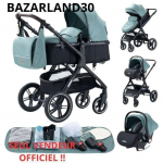 BAZARLAND30.Poussette 3 en 1 B&eacute;b&eacute; Combin&eacute;e Si&egrave;ge-Auto Nacelle Trio R&eacute;versible R&eacute;glable Haute Qualit&eacute; Roues increvables Canne. Vert roheline