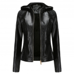 Uus suur pl&uuml;&uuml;s naiste nahast naiste kapuutsiga talvejope, soe vabaaja naiste jope L must