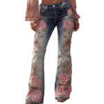 Bell Bottom Jeans naistele 3D digitaalse lilleprindiga Venivad laienevad teksap&uuml;ksid Keskmise v&ouml;&ouml;kohaga Retro denimip&uuml;ksid taskutega S A