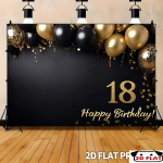 1 kahem&otilde;&otilde;tmeline lame b&auml;nner, 18. s&uuml;nnip&auml;eva b&auml;nner 18 &otilde;hupalliga - kuldne ja must peobackground, happy birthday tekstiga 150X100 black