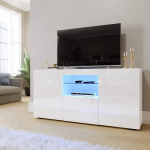 Dripex LED-TV-kapp L&auml;ikiv Valge Moodne - 135x33.5x70cm Kahe suure ja &uuml;he v&auml;ikese uksega Klaasriiul